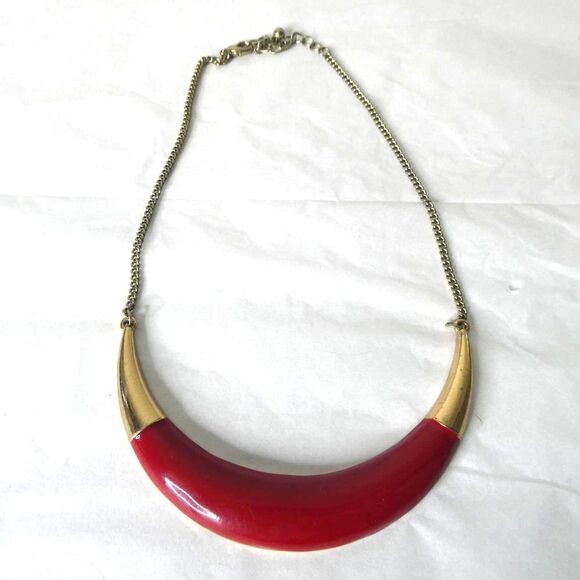 Vintage Gold Tone Red Statement Bib Necklace Enamel Bar Minimalist Art Deco Mod - Picture 1 of 9